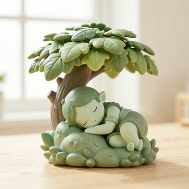 A highly detailed vinyl figure of a sleeping forest spirit under a miniature leaf canopy, soft sage green tones, warm desk light