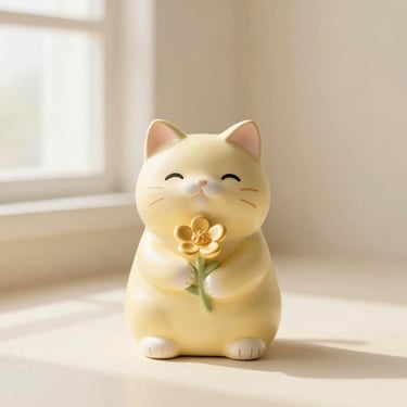 A miniature ceramic-style cat figure holding a golden flower, soft butter yellow glaze, clean cream background