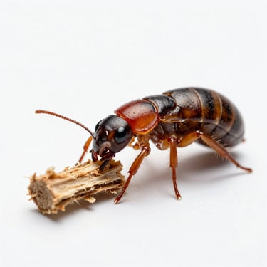 Macro scientific specimen photograph of a subterranean termite (cupim de solo) chewing wood fibers, sterile white background, clinical bright lighting.