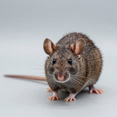 Macro scientific specimen photograph of a brown rat (Rattus norvegicus) in a controlled laboratory setting, clean neutral background, high-clarity lighting.