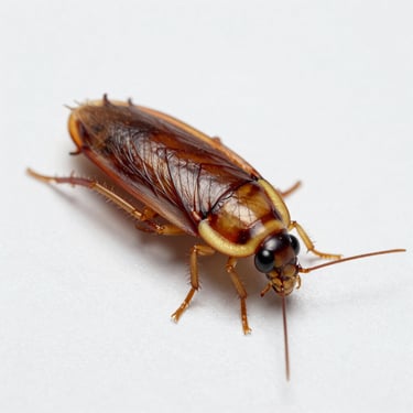 Macro scientific specimen photograph of a German cockroach (Blattella germanica) on a sterile white background, high-clarity clinical lighting showing anatomical details.