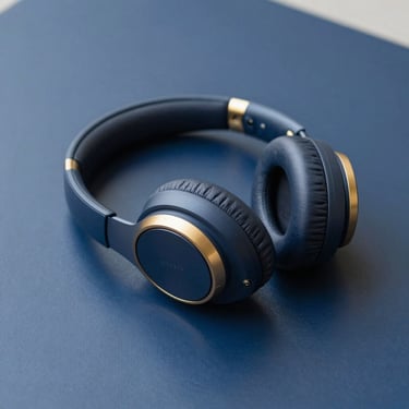 Sleek modern wireless headphones resting on a deep navy surface with sharp gold accents, sharp focus.