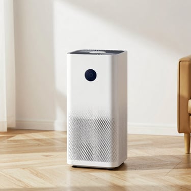 A minimalist air purifier standing in a bright, sunlit modern living room with soft shadows.