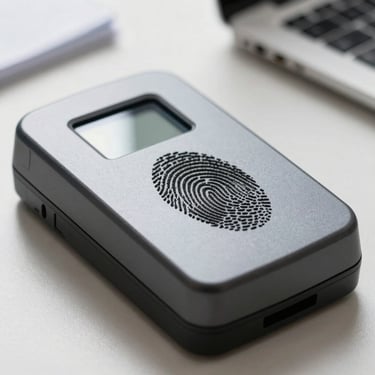 Close-up of a secure biometric fingerprint scanner on a clean desk, bright daylight, sharp focus on the scanner surface