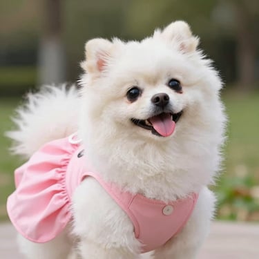 perrita blanca raza peque con vestido rosa sacando la lengua