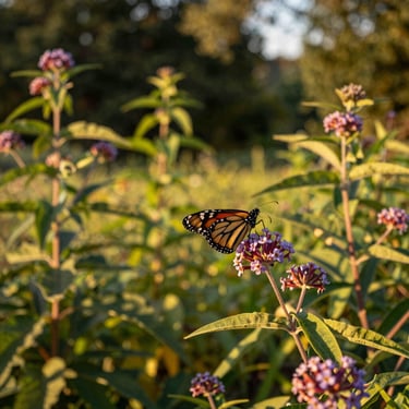 A Monarch butterfly resting on purple milkweed blossoms, warm sunlit garden background