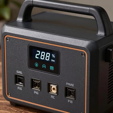 Close-up of a robust portable power station with digital voltage display, heavy-duty battery ports, and clean technical design.