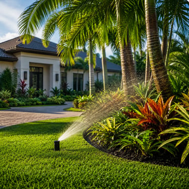 Automatic lawn sprinkler system watering a lush green yard and tropical garden plants near a luxury home.