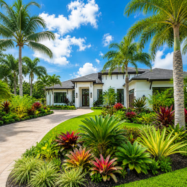 tropical landscaping in front of luxury home