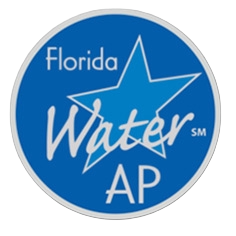 Official Florida Water AP logo featuring white text and a star on a blue circular background.