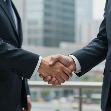 A close-up of a professional handshake between two business owners in a North American / US urban office setting.