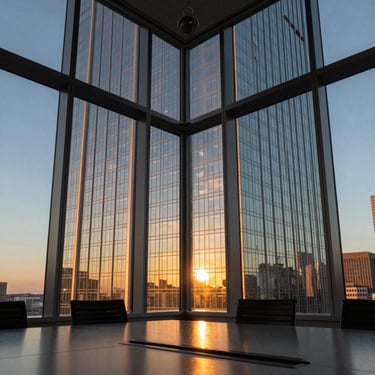A glass-walled conference room in a North American / US skyscraper during a sunset, reflecting confidence and comprehensive protection.