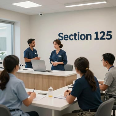 A clean, modern North American / US clinic interior where employees are participating in a wellness check, symbolizing the Section 125 program.