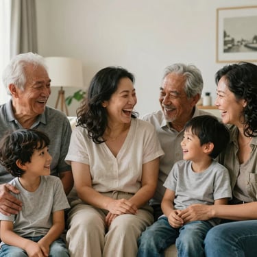A multi-generational North American / US family laughing together in a well-lit home, representing personal life and health insurance.