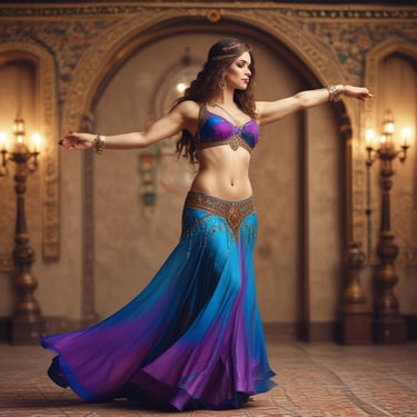 a woman in a blue and purple belly belly dance costume