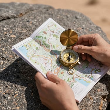 Tactile close-up of hands holding a physical topographic map and a classic brass compass over basalt rock, harsh desert sun casting sharp shadows