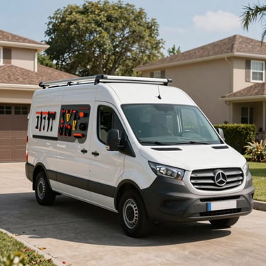 A clean, branded mobile service van parked in a sunny residential driveway, natural daylight, wide environmental shot, tools organized neatly in the background.