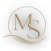 Elegant gold MS monogram logo inside a circular frame with decorative waves on a black background.