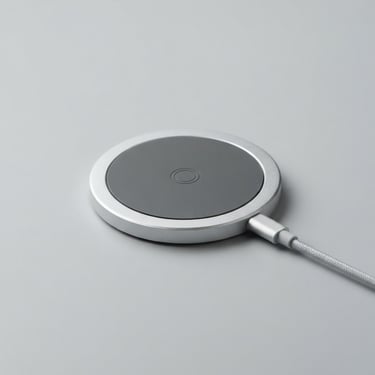 Sleek minimalist aluminum wireless charger on a seamless light gray backdrop, crisp studio light, sharp focus, 85mm lens