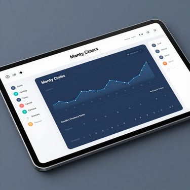 Flat-lay UI mockup of a clean, modern financial dashboard, cool-toned slate blue and ice blue interface, sharp borders, high-contrast typography, no text.