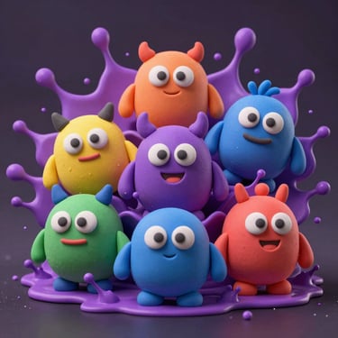 Vibrant gameplay screenshot of colorful squishy clay monsters exploding into bright violet paint splatters on a dark background.