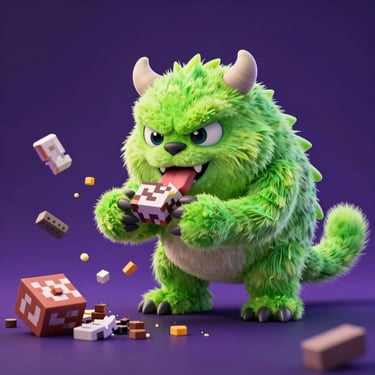 Vibrant gameplay screenshot of a grumpy neon-green virtual pet monster eating pixelated falling garbage items on a dark purple screen.