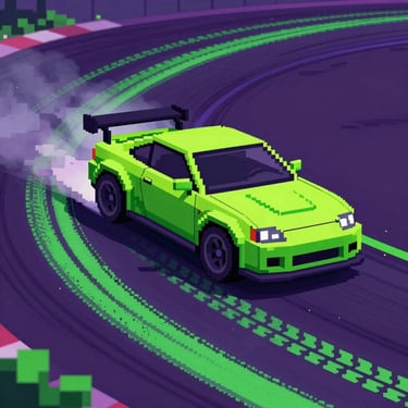 Vibrant gameplay screenshot of a neon pixel-art car drifting on a dark violet track with bright green tire tracks.
