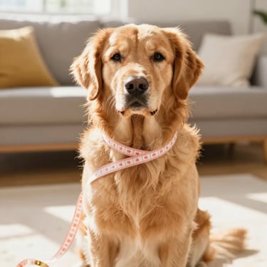 Perro Golden con cinta de costurera para medidas