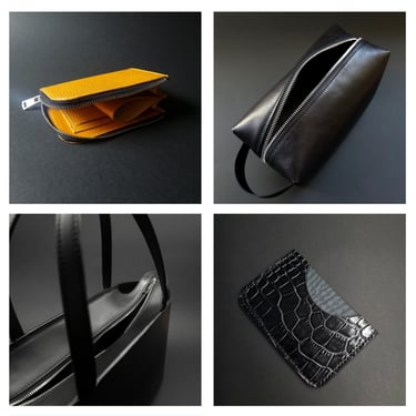 A yellow l-shape wallet, black dopp kit bag, tote bage and a croco print leather card holder