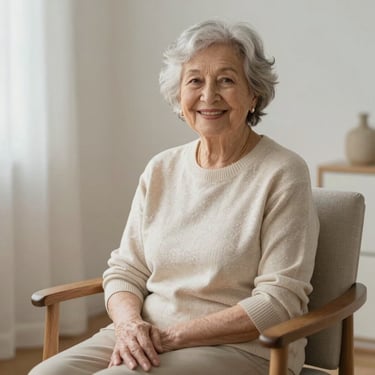 Smiling elderly woman doing gentle stretching exercises in a bright, airy room.
