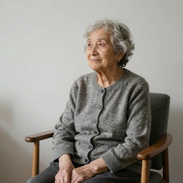 Smiling elderly woman doing gentle stretching exercises in a bright, airy room.