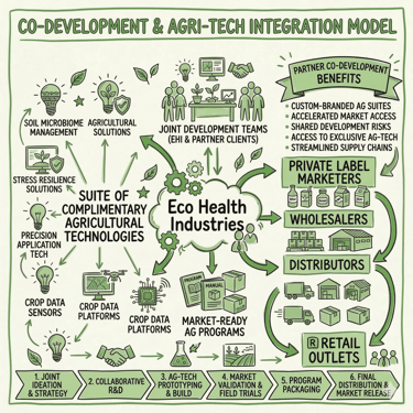 Diagram showing Eco Health Industries agri-tech integration model for agricultural software and crop data solutions.