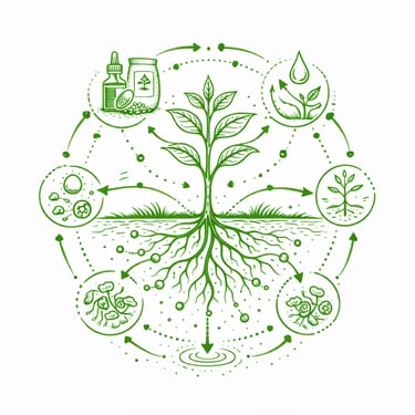 Green diagram showing plant growth cycle, root development, and sustainable organic farming practices.