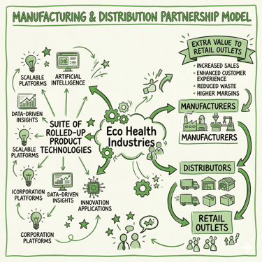 Diagram of Eco Health Industries manufacturing and distribution partnership model showing product technology integration.