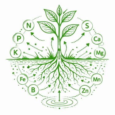 Diagram of plant nutrient absorption showing roots taking up NPK and micronutrients for healthy growth.