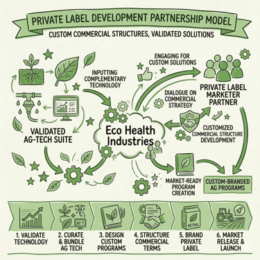 Diagram illustrating a private label development partnership model for ag-tech and eco-health industries.