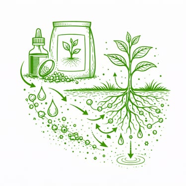 Green line art diagram showing organic plant fertilizer and soil nutrients feeding roots.