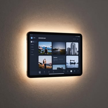 A minimalist wall-mounted tablet displaying a clean dark-themed home dashboard, framed by soft indirect warm LED light on a textured plaster wall.