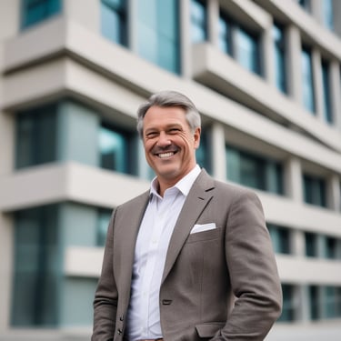 A smiling middle-aged man standing in front of a newly constructed modern building.