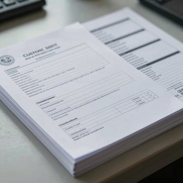 Close-up of a stack of stamped customs clearance documents and shipping manifests on an industrial desk, overcast daylight