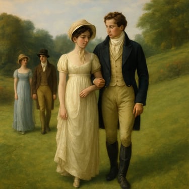 Regency couples walking in a park