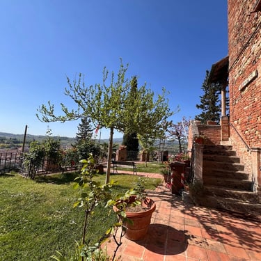 Charming Tuscan garden terrace with stone stairs, potted plants, and scenic countryside views in Certaldo Alto