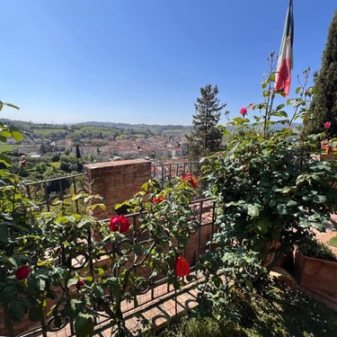 Panoramic view of Certaldo Alto and the Tuscan valley from a terrace with blooming roses and an Italian flag.