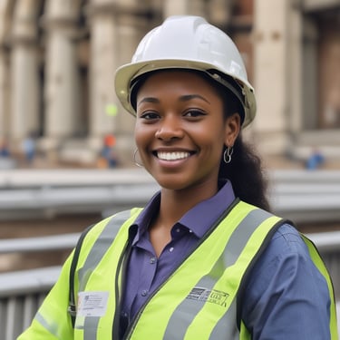 A smiling young woman in a tech workshop, engaged with a laptop showing neural network visuals.