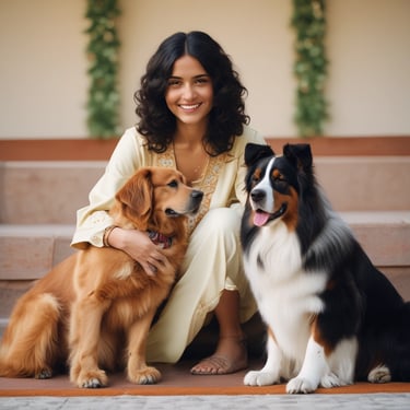 A smiling woman holding a playful golden retriever with pet toys in the background.