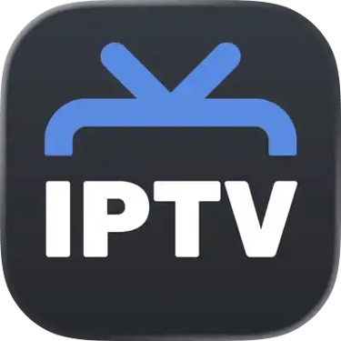 IPTV app icon with white text and blue television antenna symbol on a dark grey background.