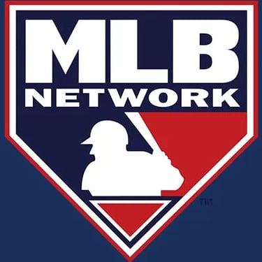 Official MLB Network logo featuring a baseball player silhouette inside a blue and red diamond home plate shape.