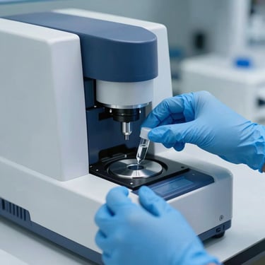 Benchtop spectrophotometer in a clean laboratory environment, hands in blue nitrile gloves placing a liquid sample vial into the measurement chamber, cool clinical lighting.