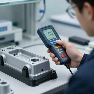 A technician holding a portable color measurement device against a molded plastic automotive part on a production floor, sharp focus, cool lighting.