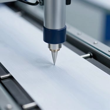 Continuous in-line optical sensor mounted above a manufacturing conveyor belt, measuring moving textile sheets, sharp focus, industrial setting.